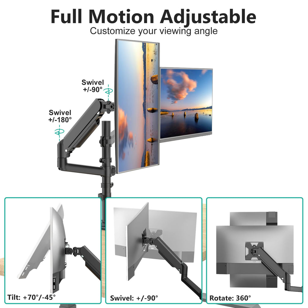 Dual Monitor Mount, 13-33 Inch Adjustable Dual Monitor Arm for Desk Holds Max 19.8 lbs Screens, Swivel Vesa Bracket with C Clamp, Grommet Mounting, Monitor Arms for 2 Monitors (GSDM002)