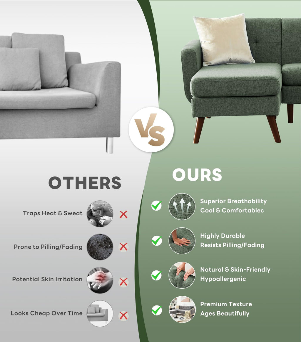 L Shaped Couch, 80" W Mid-Century Modern Sofa, Sectional Couches, 3 Seater Sofas with Wide Chaise Lounge, Button Tufted Upholstered Sectional Sofa for Living Room, Bedroom, Green