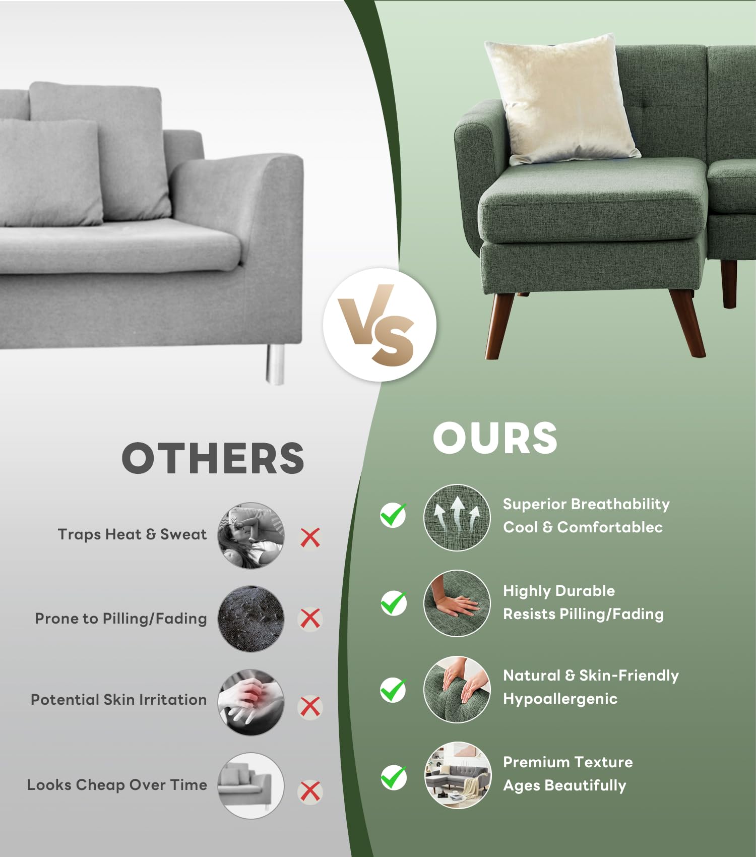 L Shaped Couch, 80" W Mid-Century Modern Sofa, Sectional Couches, 3 Seater Sofas with Wide Chaise Lounge, Button Tufted Upholstered Sectional Sofa for Living Room, Bedroom, Green