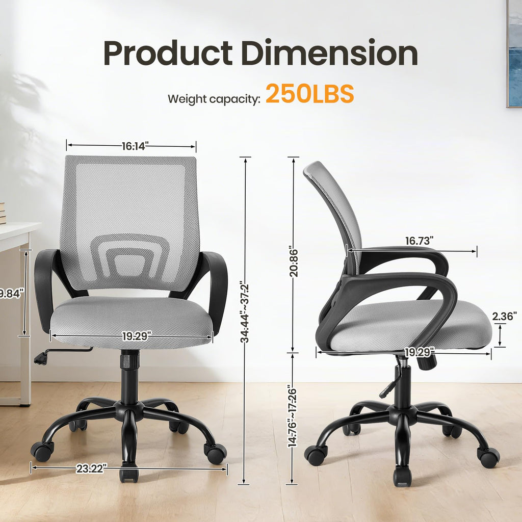 2 Pack, Office Desk Chair - Ergonomic Mid Back with Lumbar Support & Rocking Mode, Height Adjustable with Fixed Armrest, for Home, Computer, Gaming, Conference, Meeting Room, 360° Swivel, Grey,