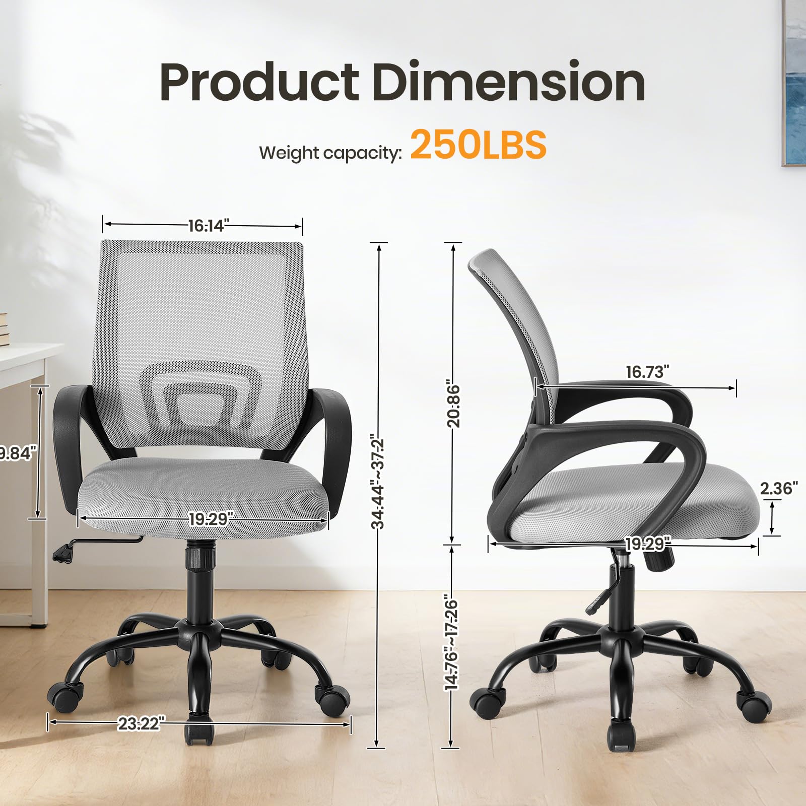 2 Pack, Office Desk Chair - Ergonomic Mid Back with Lumbar Support & Rocking Mode, Height Adjustable with Fixed Armrest, for Home, Computer, Gaming, Conference, Meeting Room, 360° Swivel, Grey,