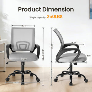2 Pack, Office Desk Chair - Ergonomic Mid Back with Lumbar Support & Rocking Mode, Height Adjustable with Fixed Armrest, for Home, Computer, Gaming, Conference, Meeting Room, 360° Swivel, Grey,