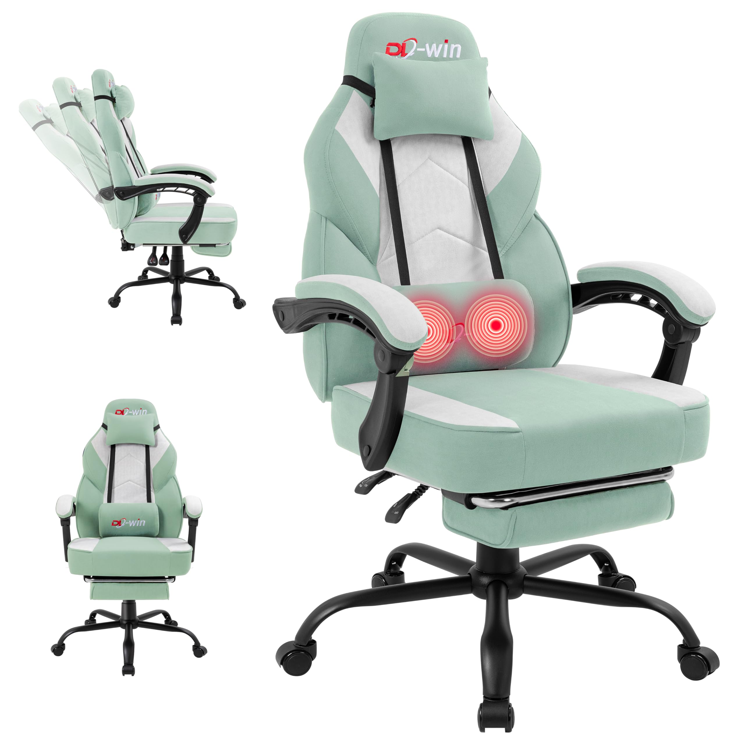 Gaming Chair for Adults with Footrest & Massage Lumbar Support, Ergonomic High Back Gamer Chair, Adjustable Swivel Computer Gaming Chairs with Headrest and Linkage Armrests,Green