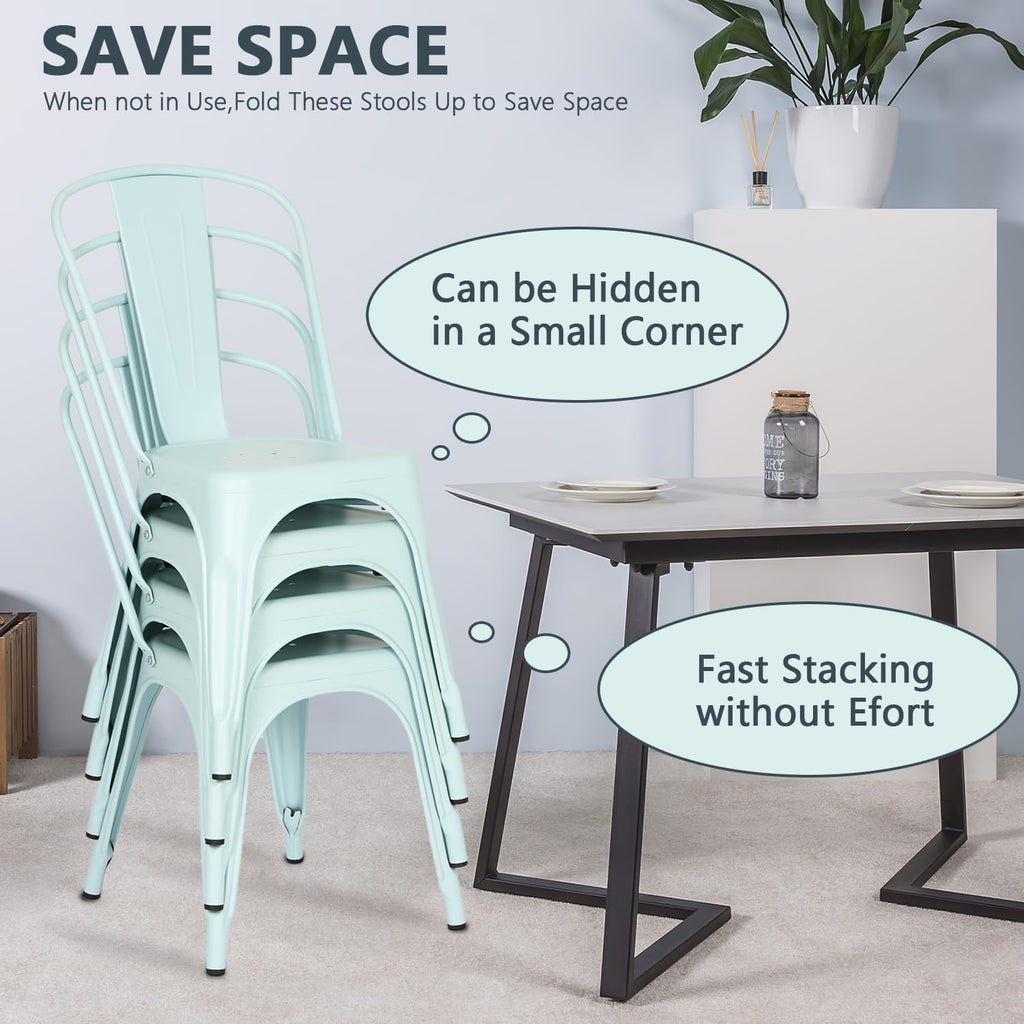 Set of 4 Metal Dining Chairs | Blue | Stackable Tolix Side Chairs with Backrest | Scratch-Resistant | Non-Slip Feet | Indoor/Outdoor Use | 330 lbs Capacity | Ideal for Kitchen & Restaurant