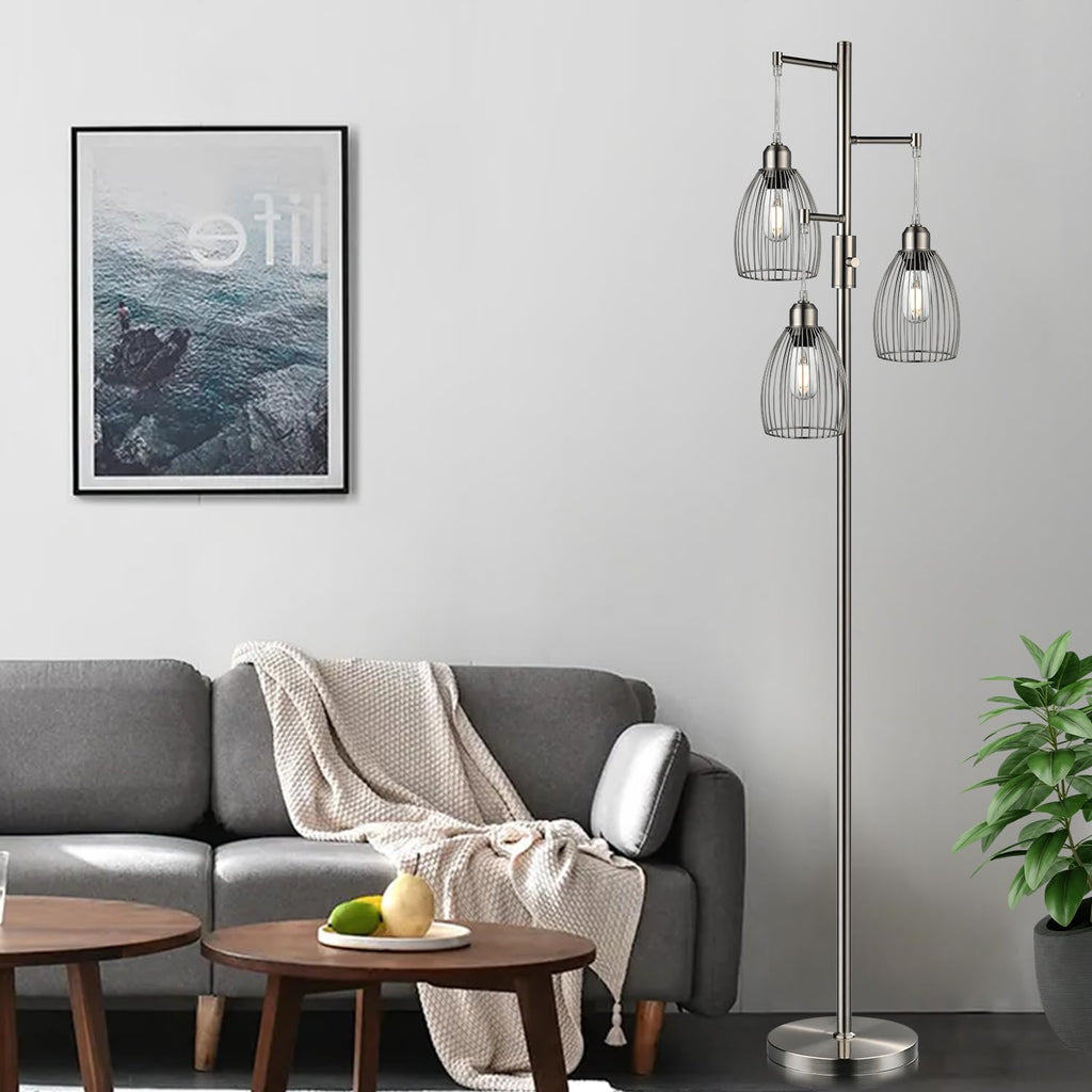 Dimmable Floor Lamp, 3 x 800LM LED Edison Bulbs Included, Industrial Floor Lamp Standing Tree Lamp with Elegant Teardrop Cage Heads Tall Lamps for Living Room Bedroom-Brushed Nickel