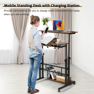 Mobile Standing Desk Adjustable Height, Rolling Desk Stand Up Desk, Mobile Laptop Desk, Rolling Computer Desk with Charging Station, Portable Desk with Wheels, Rustic Brown