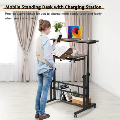 Mobile Standing Desk Adjustable Height, Rolling Desk Stand Up Desk, Mobile Laptop Desk, Rolling Computer Desk with Charging Station, Portable Desk with Wheels, Rustic Brown