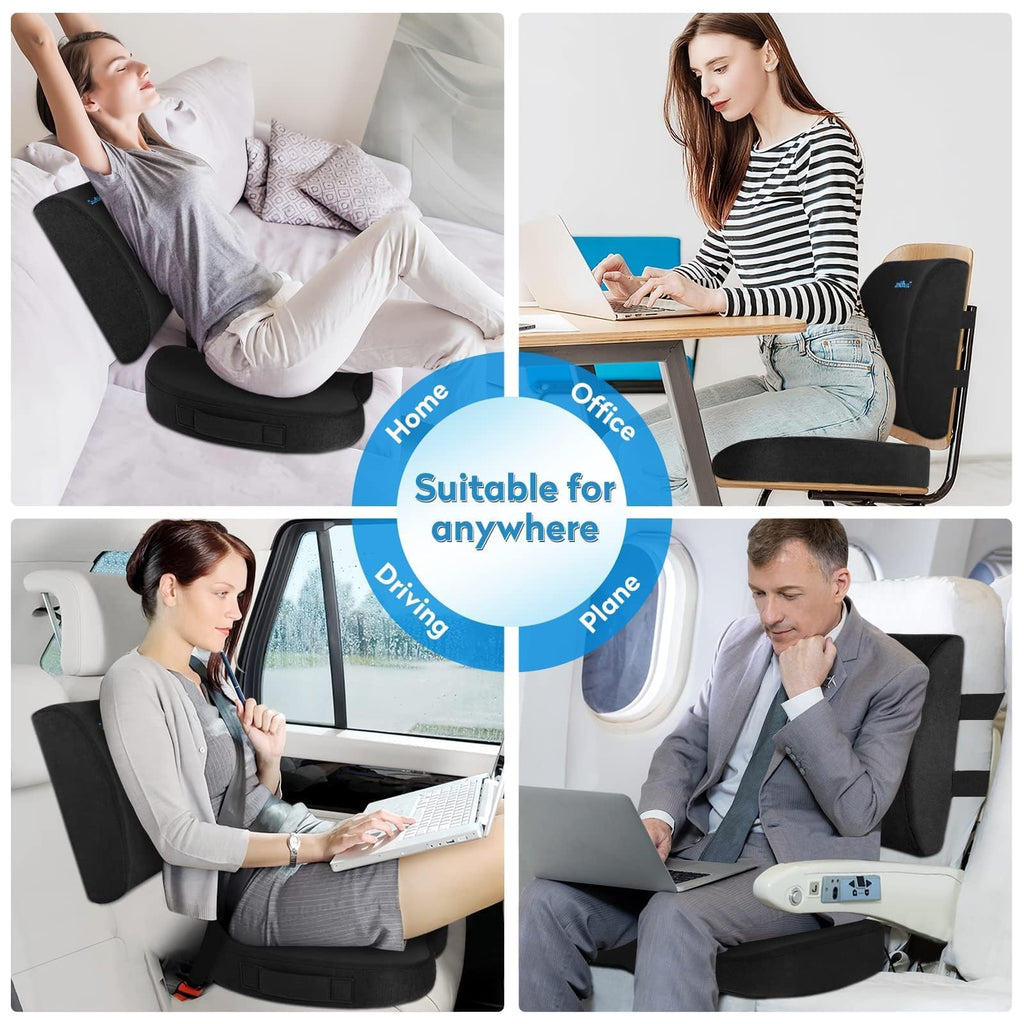 Lumbar Support Pillow & Seat Cushion Set for Office Chair, Desk Chair, Wheelchair & Car–Memory Foam Back Support,Ergonomic Chair Cushions,Sciatica Pain Relief,Home Essentials(Black,XL)