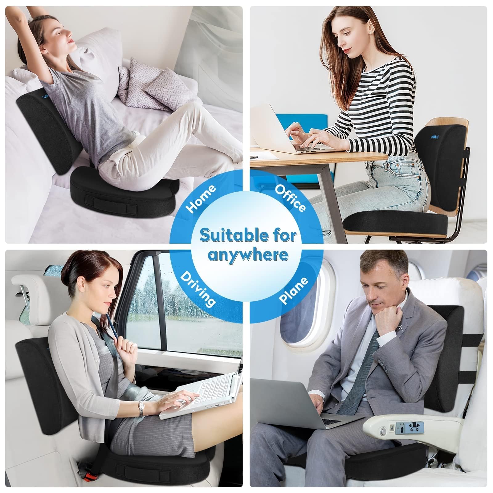 Lumbar Support Pillow & Seat Cushion Set for Office Chair, Desk Chair, Wheelchair & Car–Memory Foam Back Support,Ergonomic Chair Cushions,Sciatica Pain Relief,Home Essentials(Black,XL)