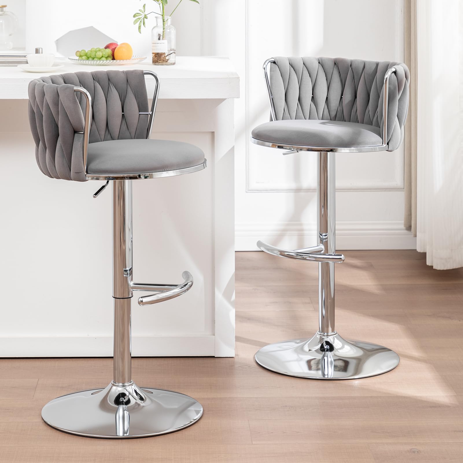 Velvet Bar Stools Set of 2, Swivel Counter Height Bar Stools with Back, Adjustable Woven Barstools for Kitchen Island, Pub, Club (Grey)