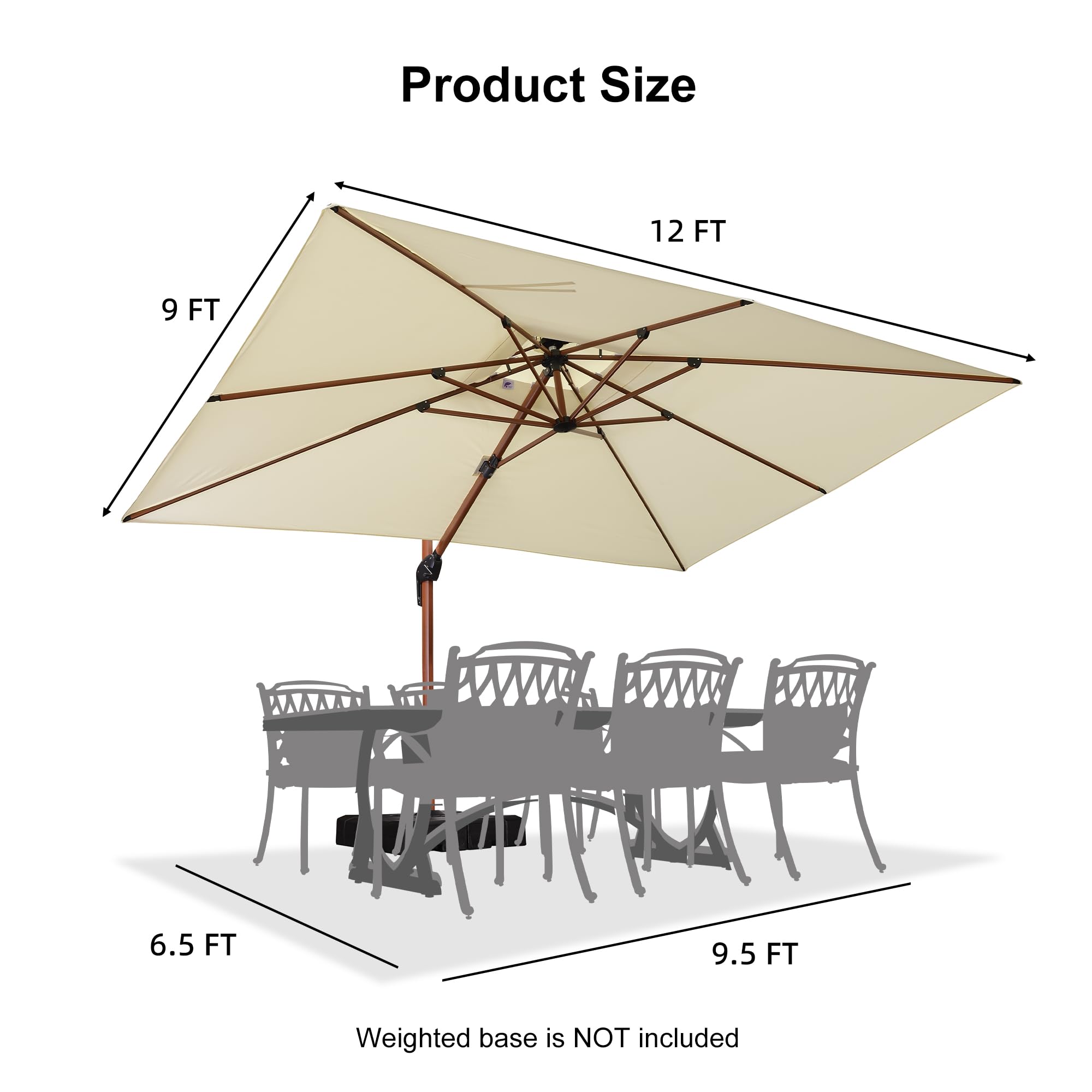 9' X 12' Double Top Deluxe Wood Pattern Rectangle Patio Umbrella Offset Hanging Umbrella Outdoor Market Umbrella Garden Umbrella, Cream