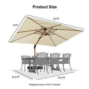 9' X 12' Double Top Deluxe Wood Pattern Rectangle Patio Umbrella Offset Hanging Umbrella Outdoor Market Umbrella Garden Umbrella, Cream