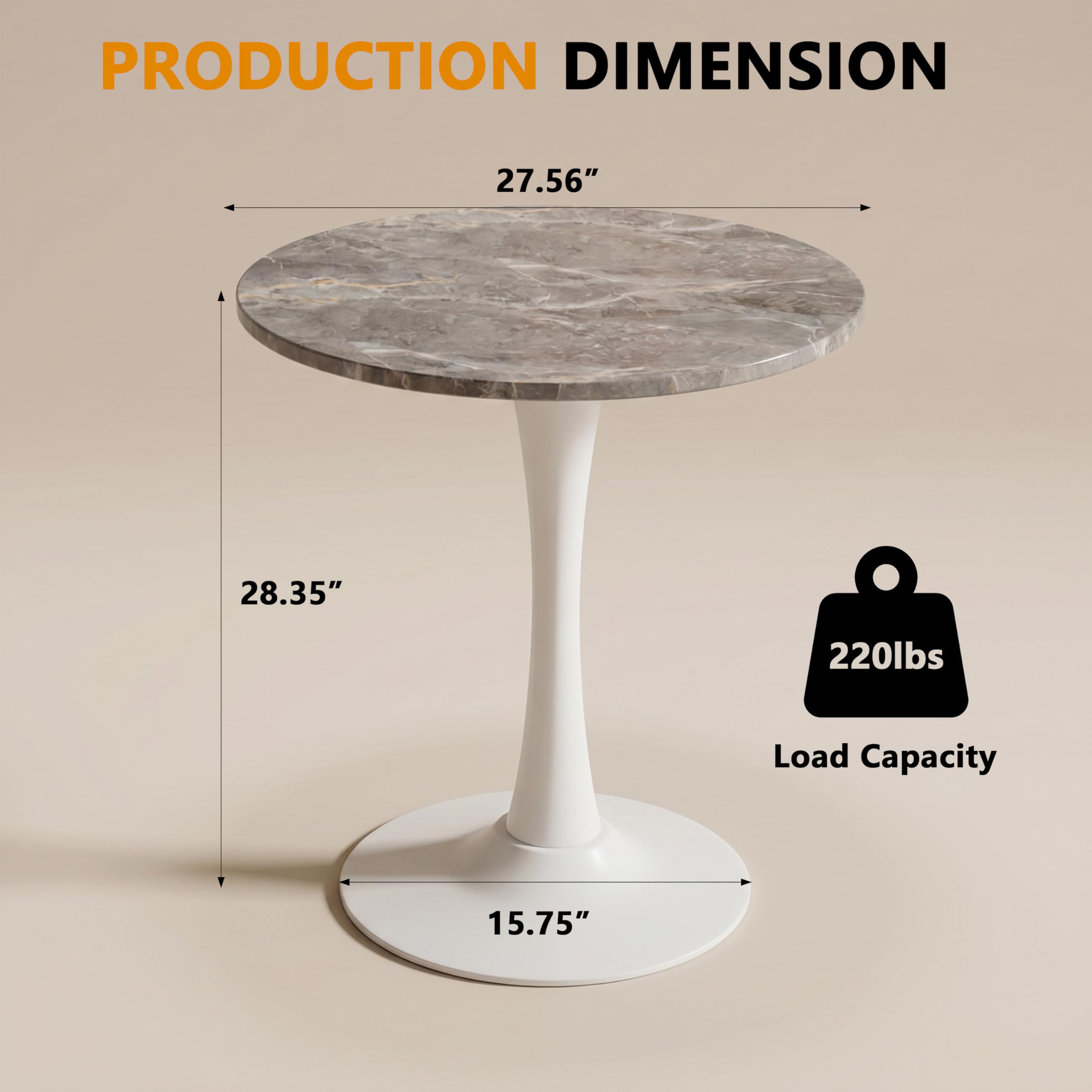 27.6" Marble Round Tulip Table, Mid-Century Modern Style Dining Table with White Pedestal Base for 2-4 People, Featuring A Marble Tabletop for Kitchen, Dining Room, Cafe (Dark Grey)