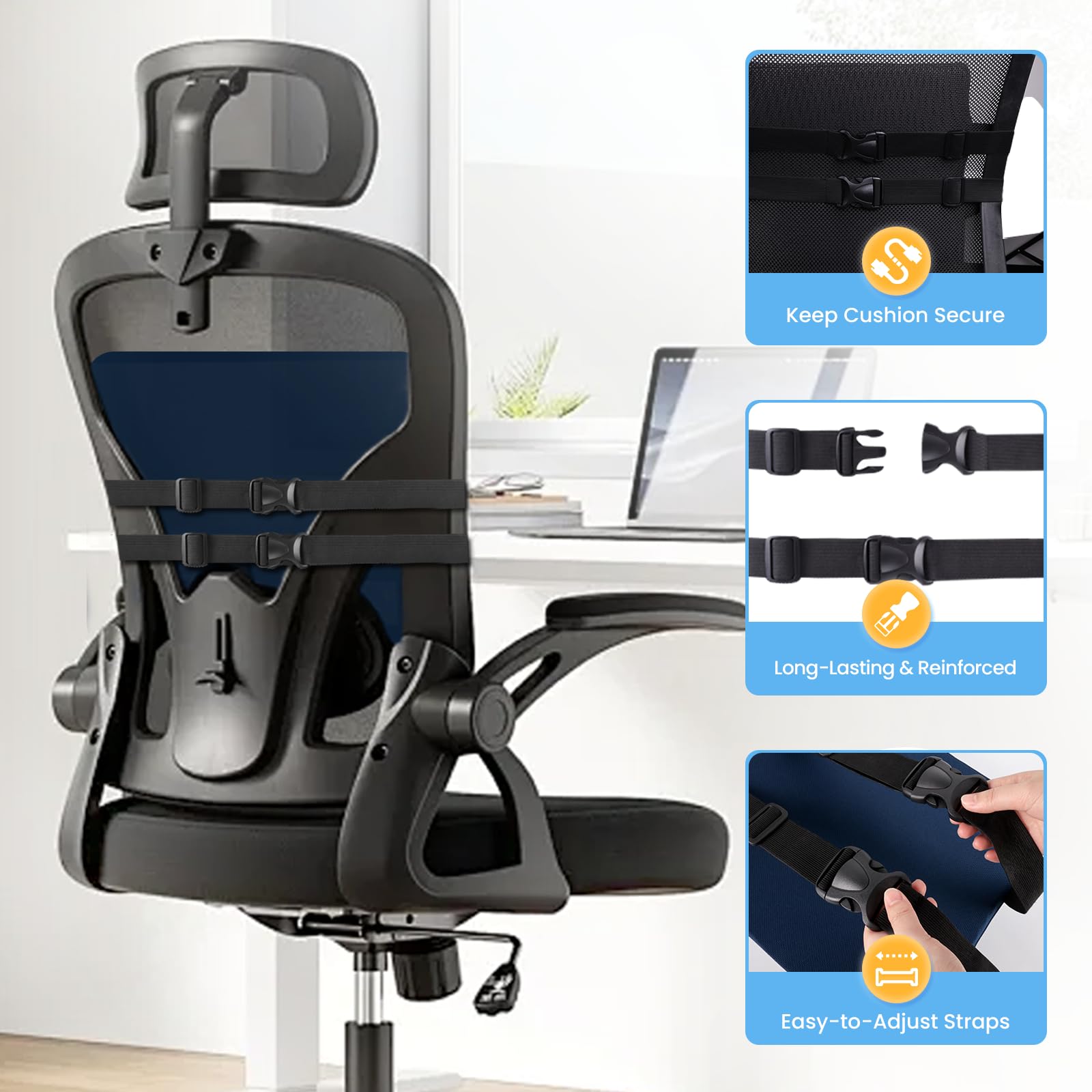 Lumbar Support Pillow for Office Chair, Car Seats and Home Desks, Ergonomic Back Support with Double Adjustable Straps, Machine Washable Cover, Blue