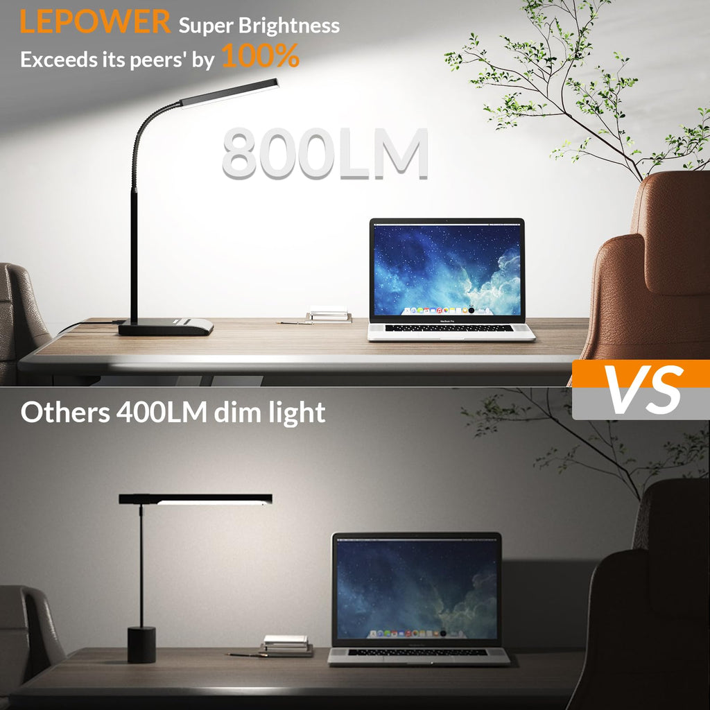Desk Lamp, 800LM LED for Home Office, 12W Reading for Desk, Eye-Caring Light, Touch Table Gooseneck Lamp, 50 Lighting Modes, Bright for Bedroom, Study (Black)