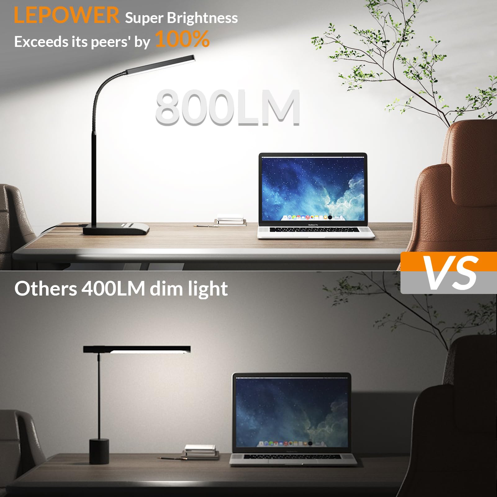 Desk Lamp, 800LM LED for Home Office, 12W Reading for Desk, Eye-Caring Light, Touch Table Gooseneck Lamp, 50 Lighting Modes, Bright for Bedroom, Study (Black)