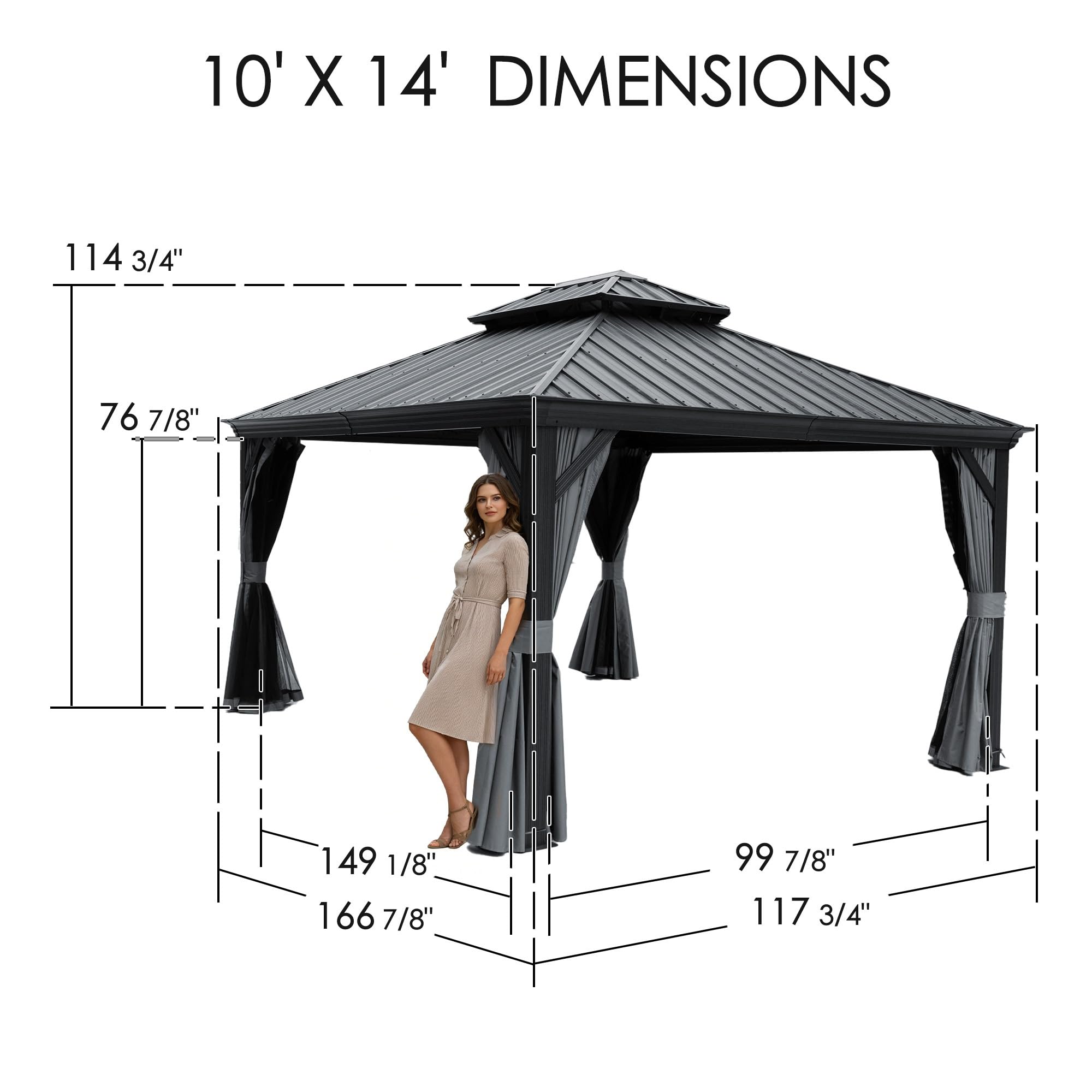 10' x 14' Hardtop Gazebo, Aluminum Frame with Galvanized Steel Double Roof, Outdoor Permanent Pavilion with Curtains and Netting for Patio, Backyard, Deck, Lawn (Gray)