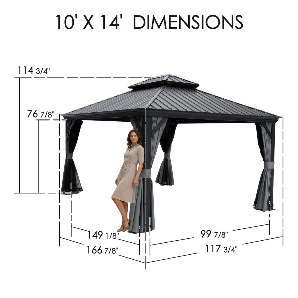 10' x 14' Hardtop Gazebo, Aluminum Frame with Galvanized Steel Double Roof, Outdoor Permanent Pavilion with Curtains and Netting for Patio, Backyard, Deck, Lawn (Gray)