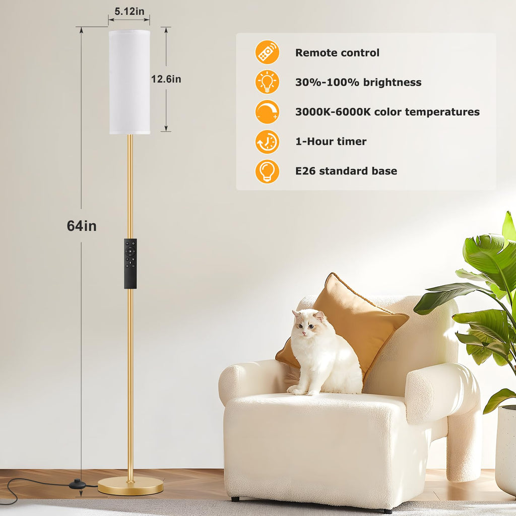 64'' Floor Lamps for Living Room with Remote Control and Stepless Dimmable Colors Temperature & Brightness, 9W Bulb Included(White Lampshade & Gold Pole)