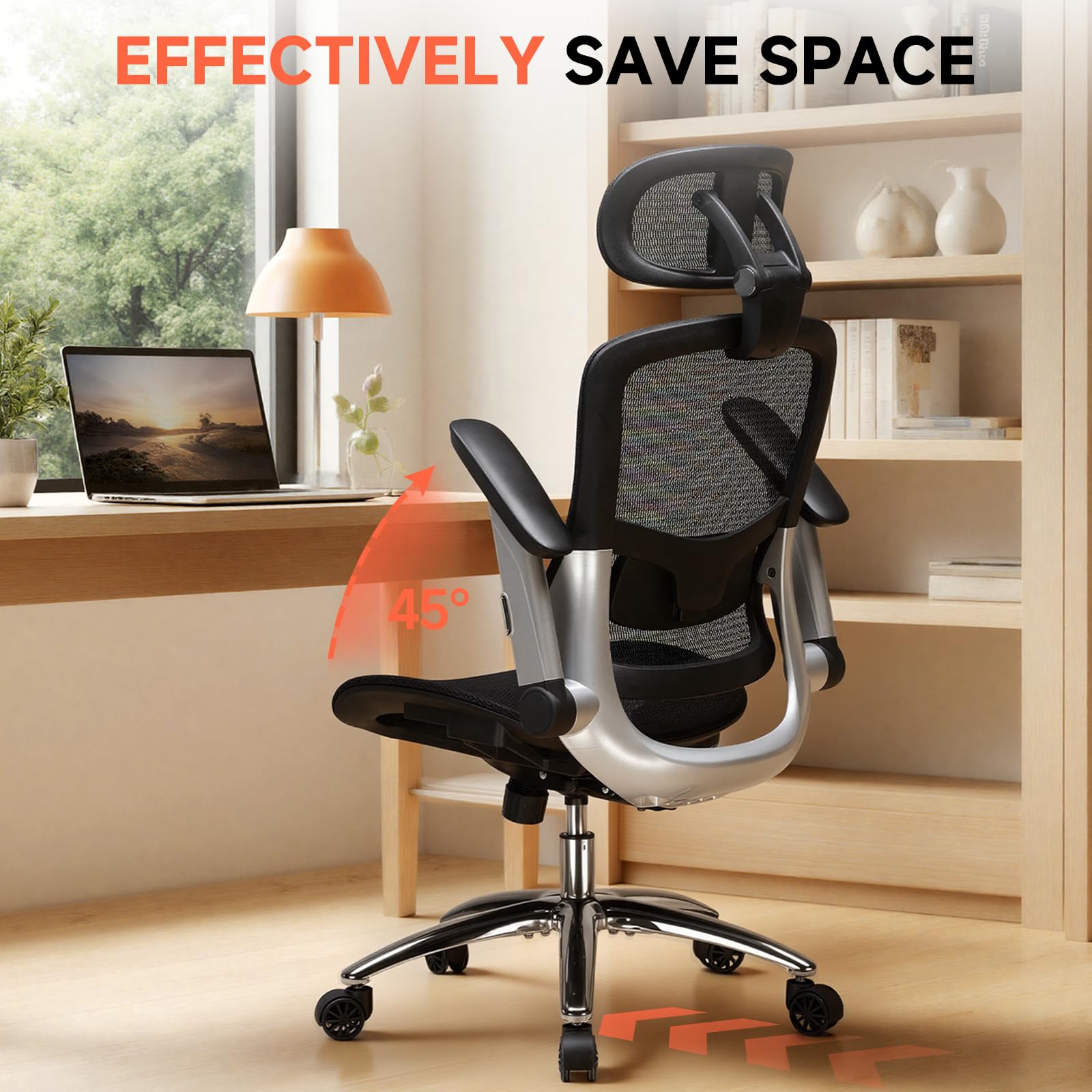 Big and Tall Ergonomic Mesh Office Chair, High Back Home Desk Chair Computer Gaming Chair with Headrest, Flip-Up Arms, 90-125° Tilt Lock and Wide Cushion, Task Chair for Man Woman-Deep Black