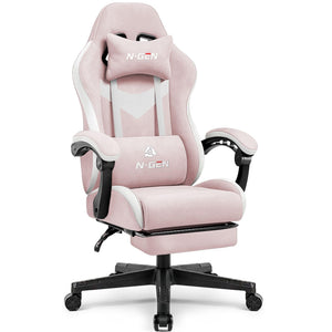 Video Gaming Chair with Footrest Lumbar Support for Home Office High Back Recliner Height Adjustable Ergonomic Comfy Fabric Computer Desk Chair (Pink)
