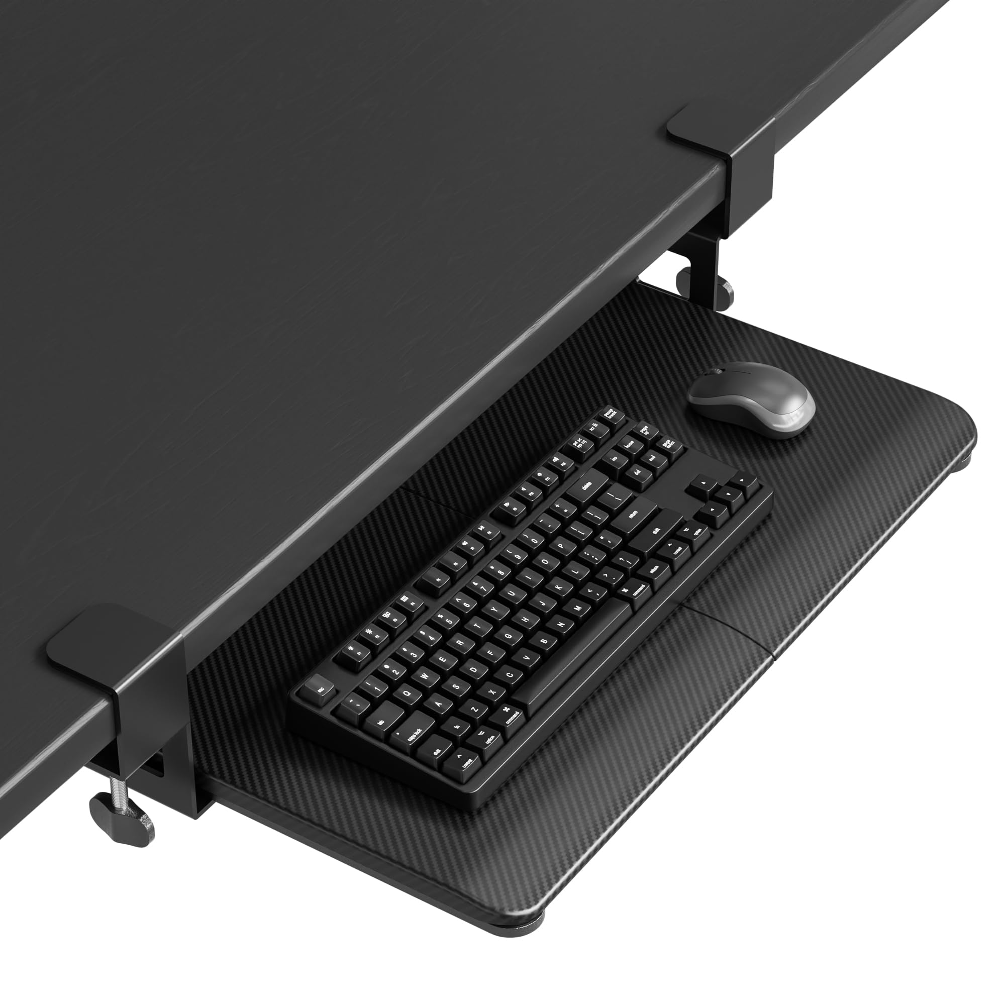 KMT01-PJ Under Desk Keyboard Tray, Pull-Out Keyboard & Mouse Platform with C-Clamp, 20 x 11.8 in Space-Saving Ergonomic Slide-Out Drawer, Black Carbon Fiber