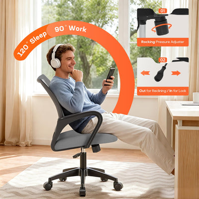 Ergonomic Office Chair | Mid-Back Swivel Desk Chair | Breathable Backrest & Lumbar Support | Adjustable Height | Sponge Seat | Rolling Wheels | Grey | for Adults & Women