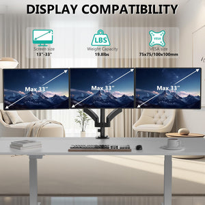 Triple Monitor Mount, 3 Monitor Desk Mount for Screens 13-33 Inch, Multiple Monitors Stand with Tilt, Swivel, Rotation, Mounting Holes 75/100 mm, Black