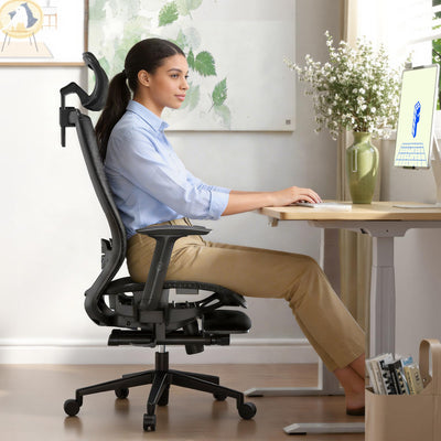 Ergonomic Office Chair with Footrest, Mesh Back Computer Chair, Home Office Desk Chairs, with Adjustable Lumbar Support/2D Headrest/Reliable Base, Black