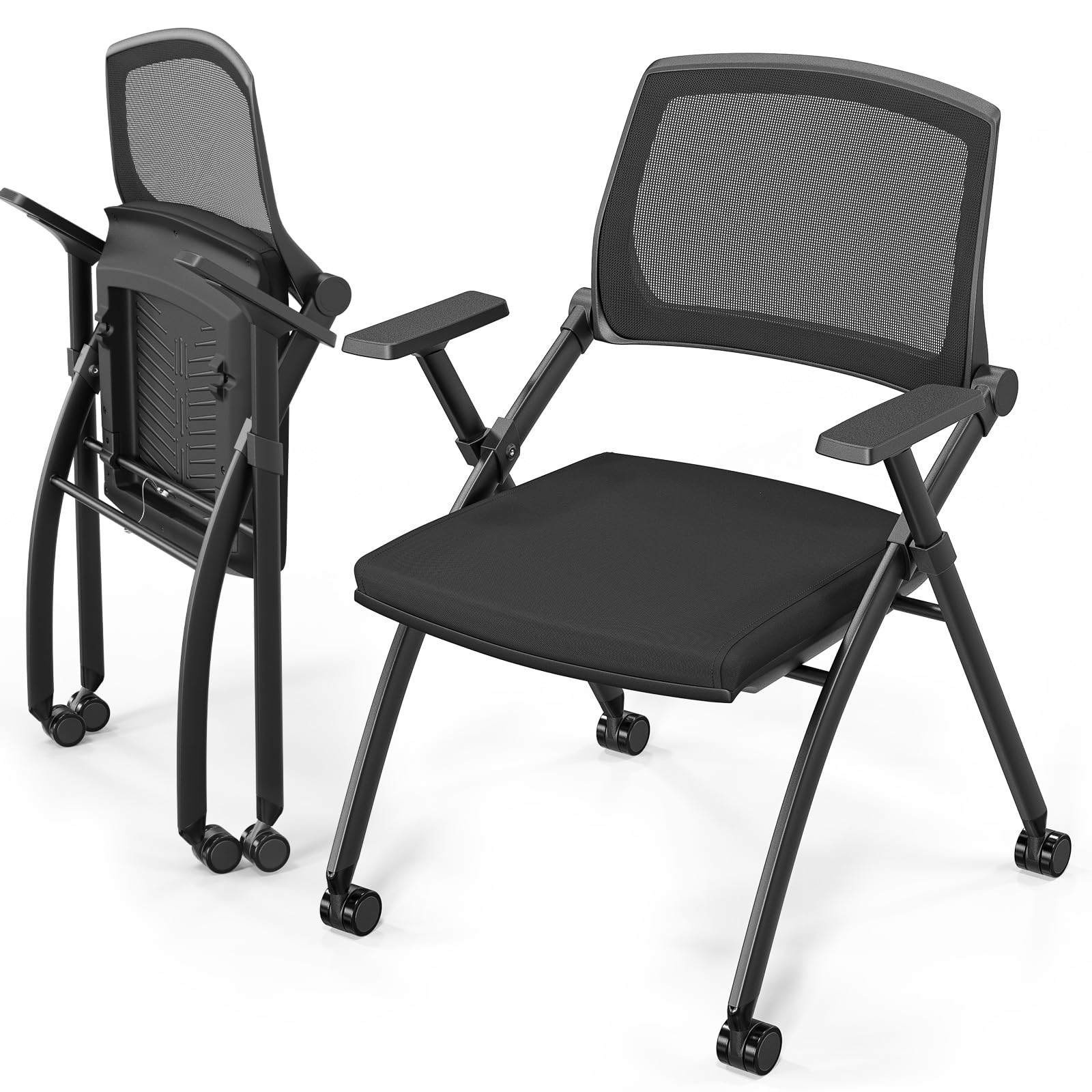 2 Pack Stackable Conference Room Chairs with Wheels, Folding Office Chair with Rebound Back, Padded Seat for Training Room, Guest, Reception, Event, Capacity 350lbs, Black