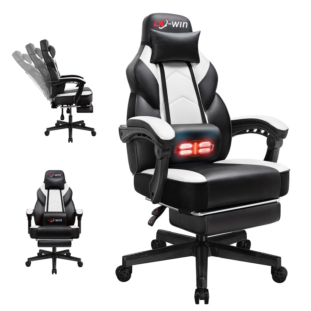 Video Gaming Chair for Adults, Computer Chair with Footrest and Ergonomic High Back, Big and Tall Gamer Chair with Massage Lumbar Support, 360° Swivel Height Adjustable Computer Chair, White