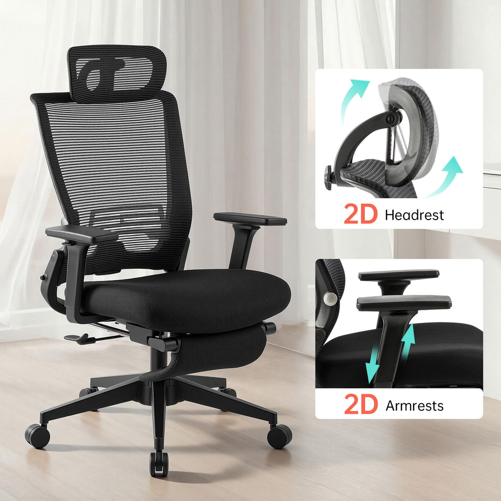 Foldable Office Chair with Foot Rest, Ergonomic Office Chair with Adjustable Lumbar Support, Headrest, Armrest, Home Office Desk Chairs for Space Saving, Work from Home, Black