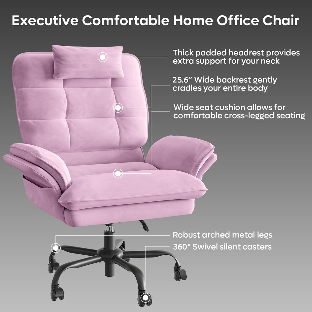 Criss Cross Chair with Flip-Up Armrests and Headrest, 135° Reclining Swivel Executive Chair with Side Pockets, Big and Tall Computer Desk Chair for Home Office Bedroom, Pink Velvet