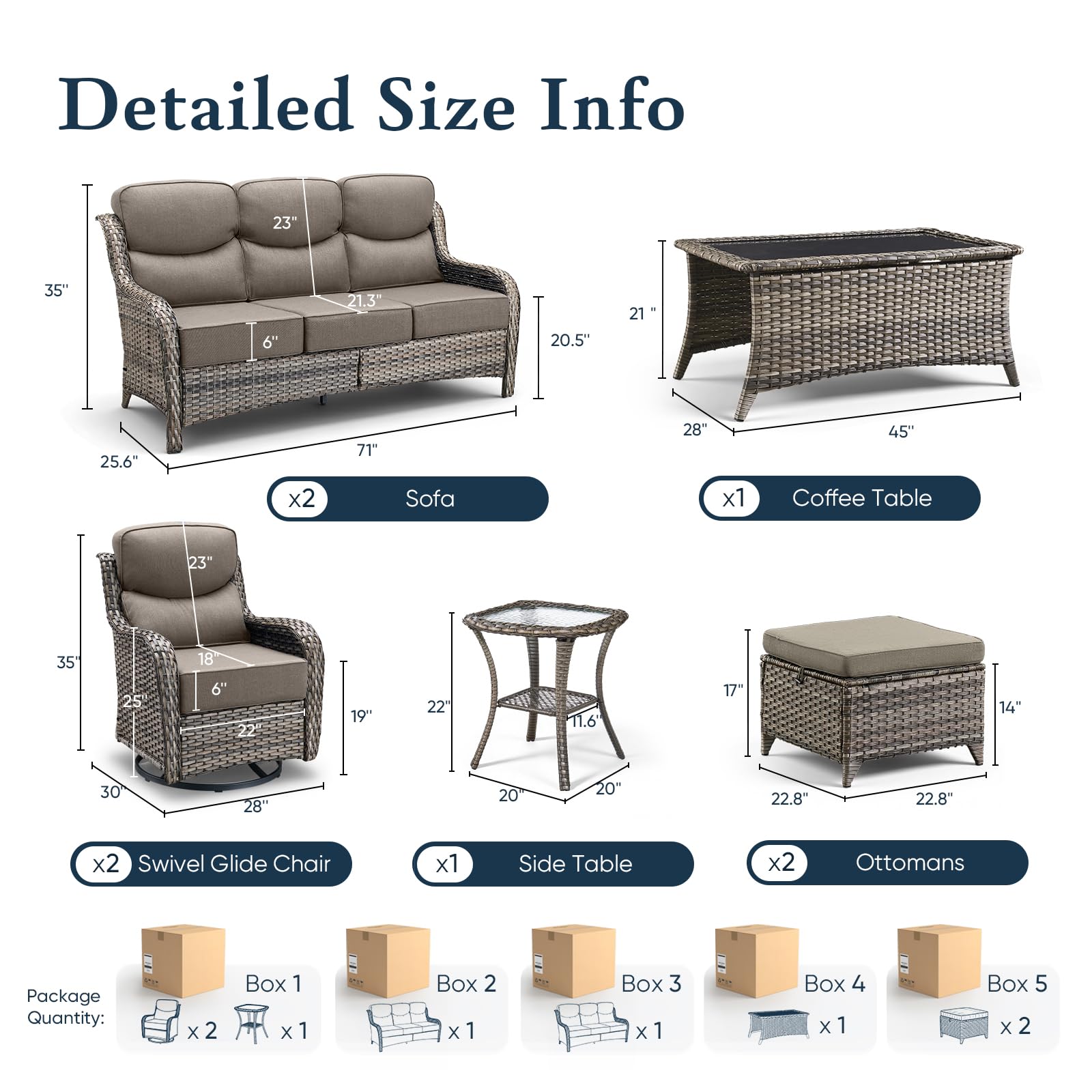 Luxury 6" Thick Cushioned 8 Pieces Patio Furniture Set with Outdoor Couch, Wicker Outdoor Conversation Set with High Back Swivel Rocker Chairs for Deck Porch Yard and Poolside - Grey+Grey