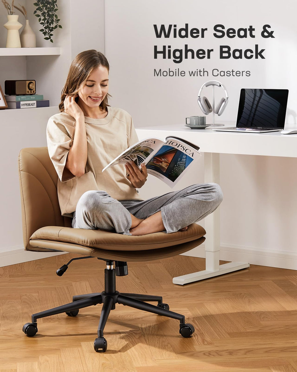 Armless-Office Desk Chair with Wheels: PU Leather Cross Legged Wide Chair,Comfortable Adjustable Swivel Computer Task Chairs for Home,Office,Make Up,Small Space,Bed Room, Brown