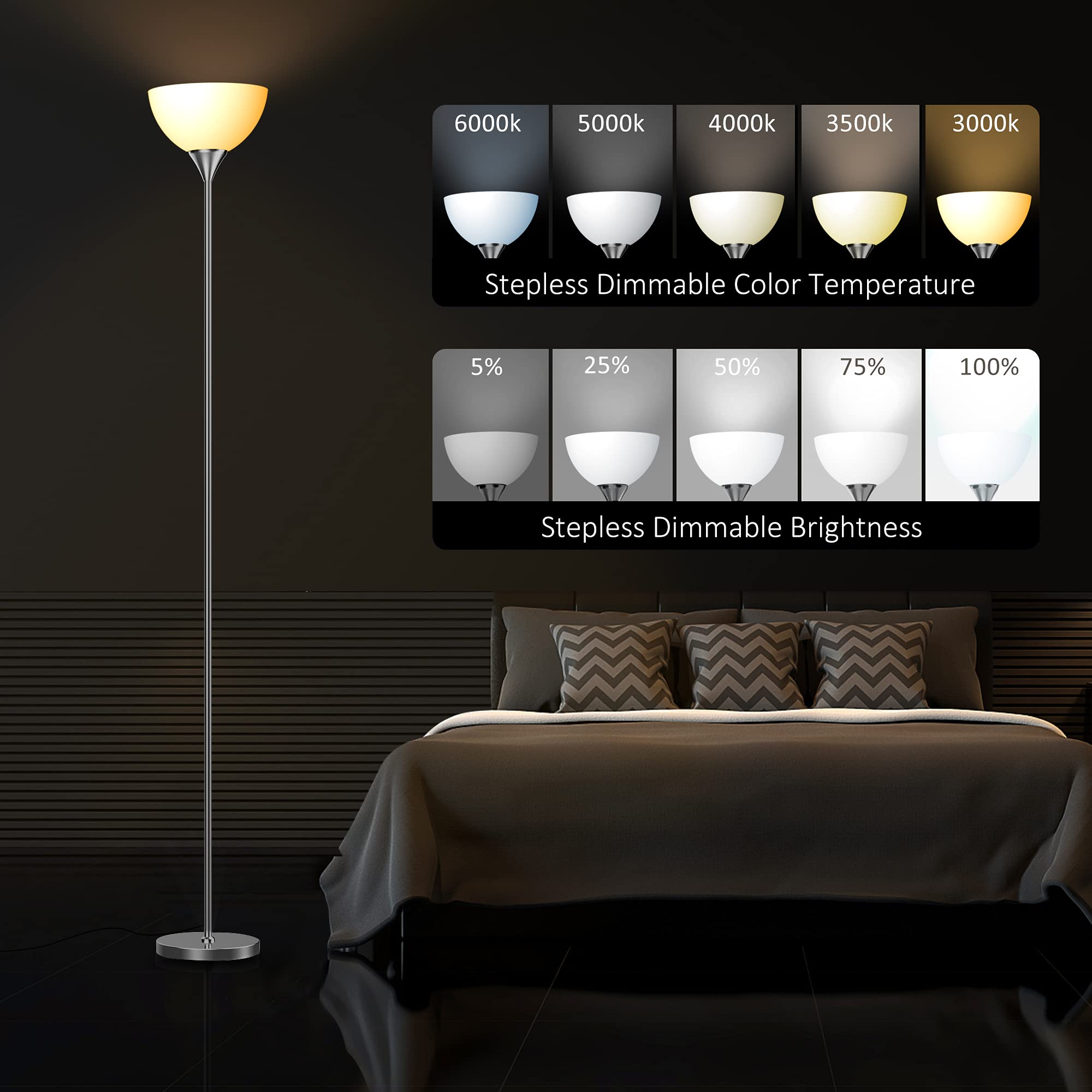 Floor Lamp, Remote Control with 4 Color Temperatures, Torchiere Floor lamp for Bedroom, Standing Lamps for Living Room, Bulb Included (Brushed Nickel)