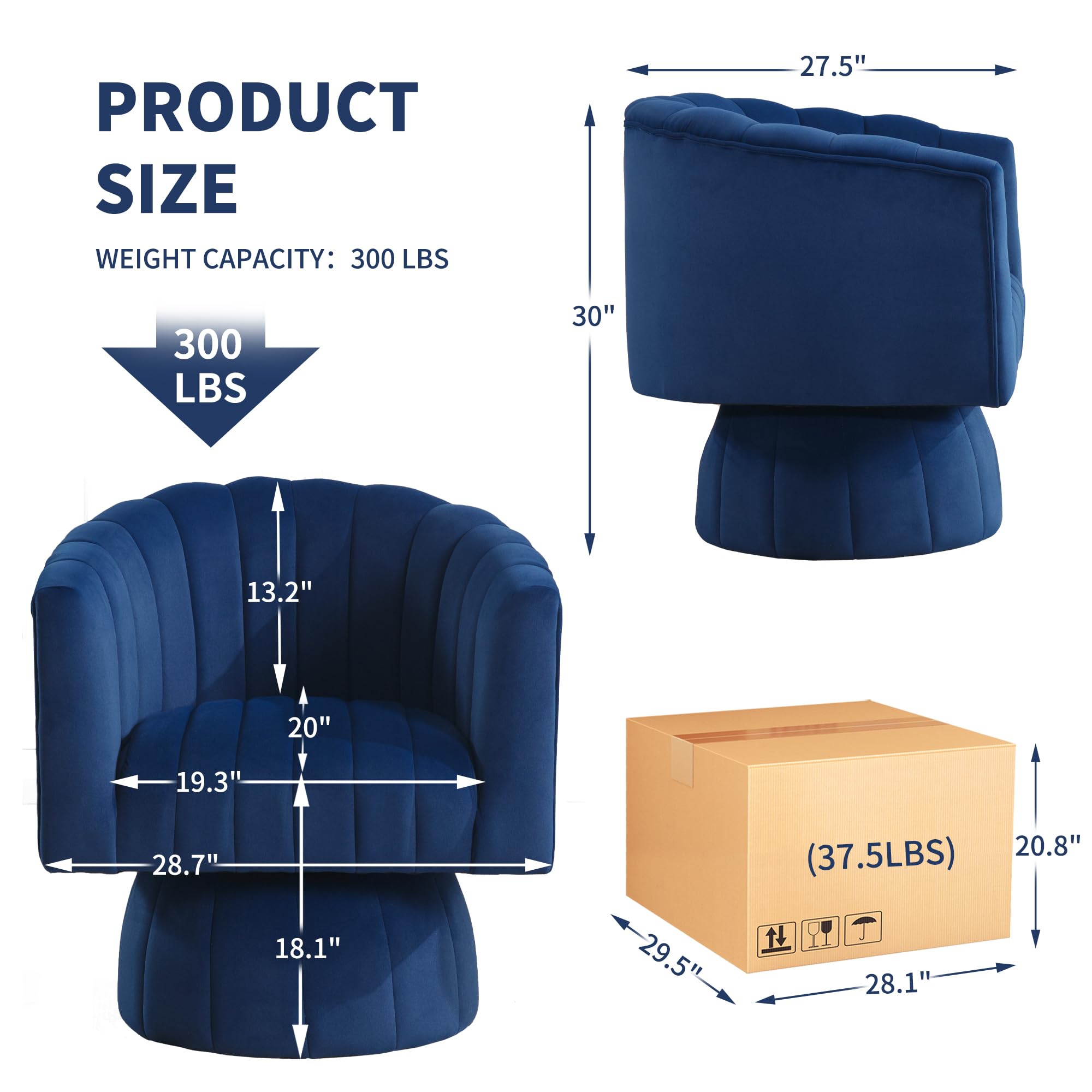 Swivel Accent Barrel Chair - Cute Comfy Small Round 360° Arm Chair Velvet Sofa Club Reading Chair for Living Room Bedroom Office Dark Blue