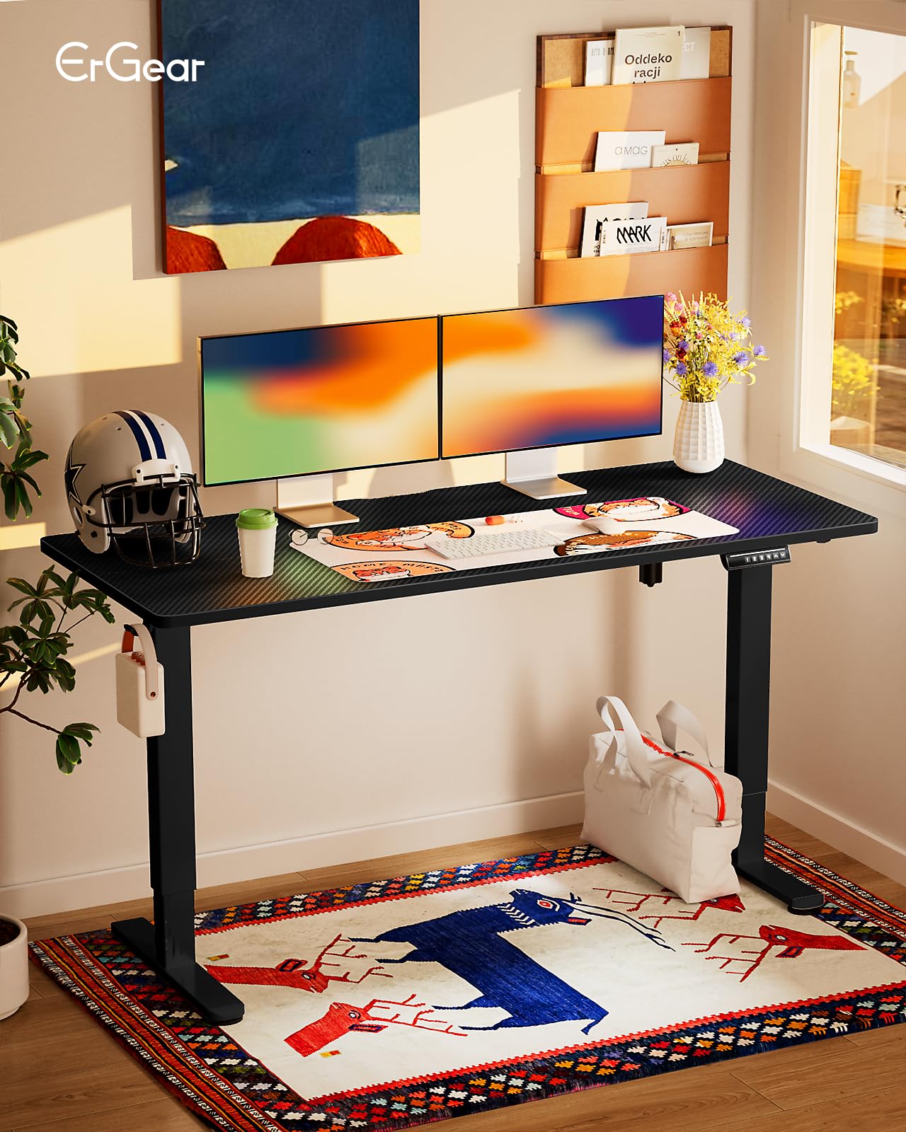 Height Adjustable Electric Standing Desk, 55 x 28 Inches Sit Stand up Desk, Memory Computer Home Office Desk, Carbon Fiber Black