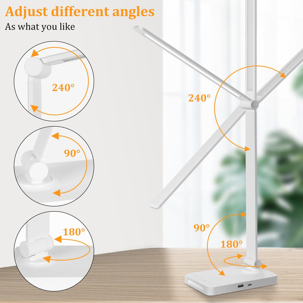 LED Desk Lamp with USB Ports, Touch Control, 5 Color Modes, 3 Brightness Levels, Foldable Design, White
