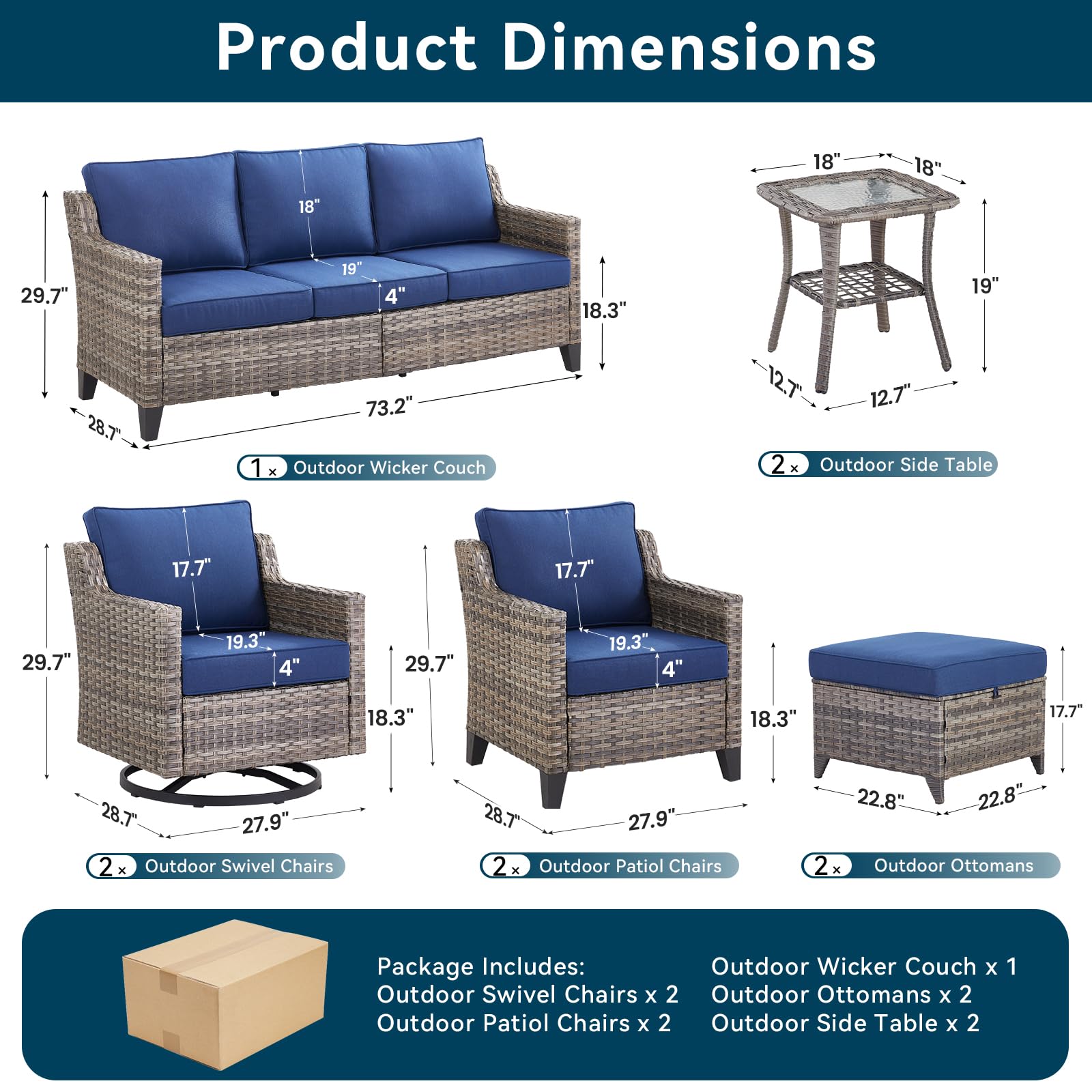 9 Piece Outdoor Patio Furniture Set-All Weather Outdoor Conversation Sets Sectional Sofa with Wicker Swivel Rocker Patio Chairs, Comfy Cushions Ottomans for Porch Balcony Patio Deck Grey/Blue