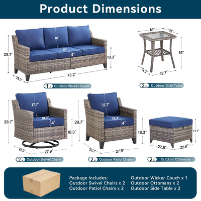 9 Piece Outdoor Patio Furniture Set-All Weather Outdoor Conversation Sets Sectional Sofa with Wicker Swivel Rocker Patio Chairs, Comfy Cushions Ottomans for Porch Balcony Patio Deck Grey/Blue