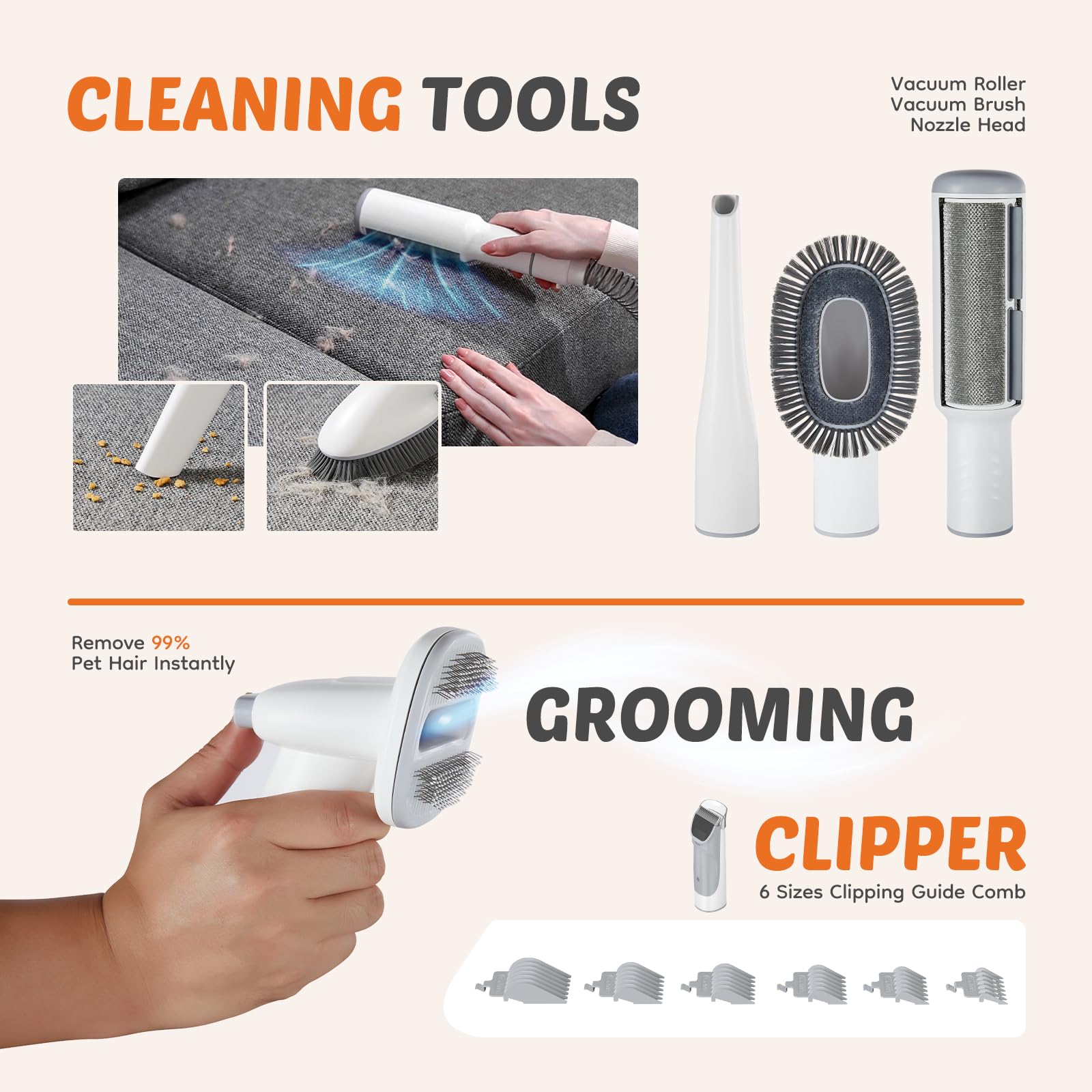 2.5L Cup Professional Pet Grooming Vacuum Kit, 3 Suction Modes and 5 Groomer Tools with Cordless Low Noise Dog Clippers for Cats,