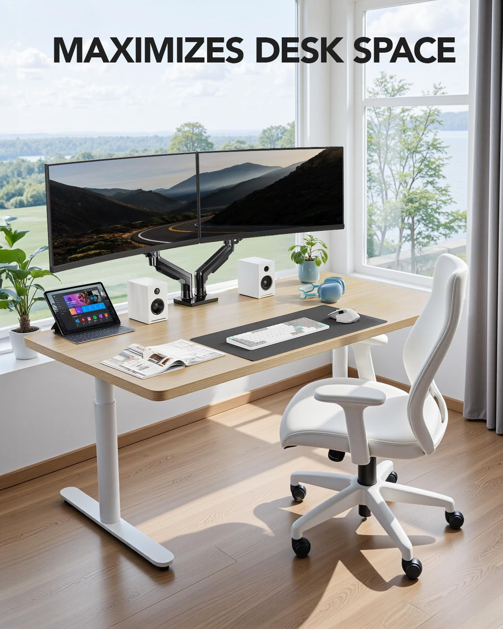 Dual Monitor Stand, Fully Adjustable Gaming Monitor Desk Mount for 13–27″ Computer Screens, Full Motion VESA 75x75/100x100 with C-Clamp & Grommet Base, Each Arm Holds 4.4 to 19.8 lbs