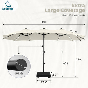 15ft Double Sided Patio Umbrella with Solar Lights, Outdoor Large Umbrellas with Crank Handle and 36 LED Lights, Rectangular Market Umbrella with Base Included for Deck Pool Shade, Ivory