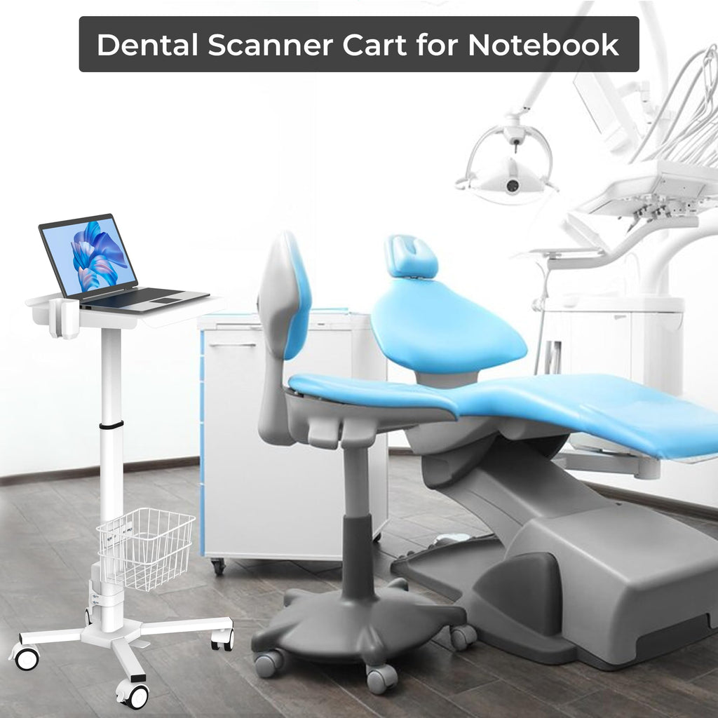 MB-C05 Medical Laptop Workstation Trolley Cart with Wheels, Oral Scanner Holder, Basket Storage | Height Adjustable Rolling Lab Cart with Large Tabletop for Dental Office, Hospital, Clinic