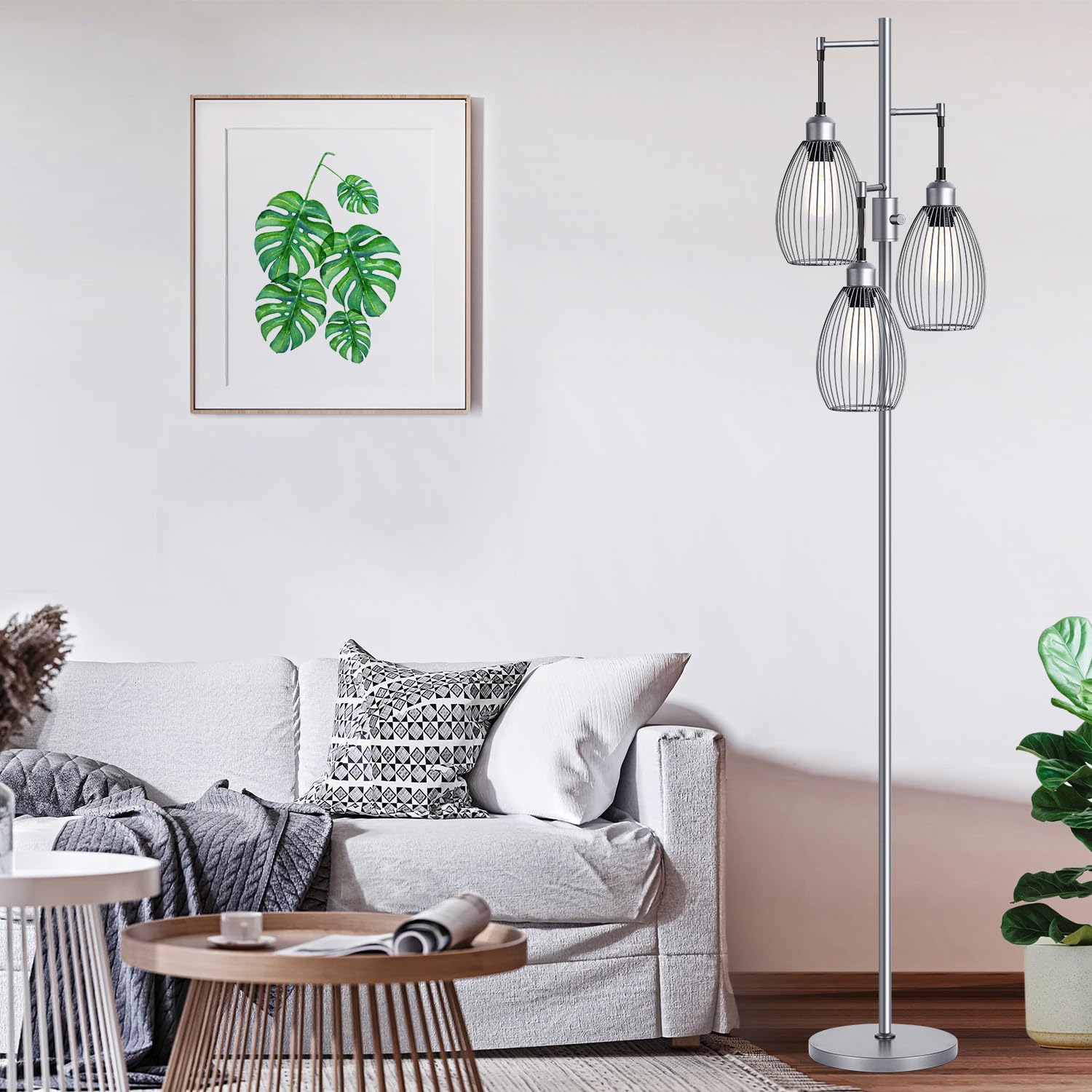 Dimmable Floor Lamp, 3 x 800LM LED Edison Bulbs Included, Industrial Floor Lamp Standing Tree Lamp with Elegant Teardrop Cage Heads Tall Lamps for Living Room Bedroom-Grey