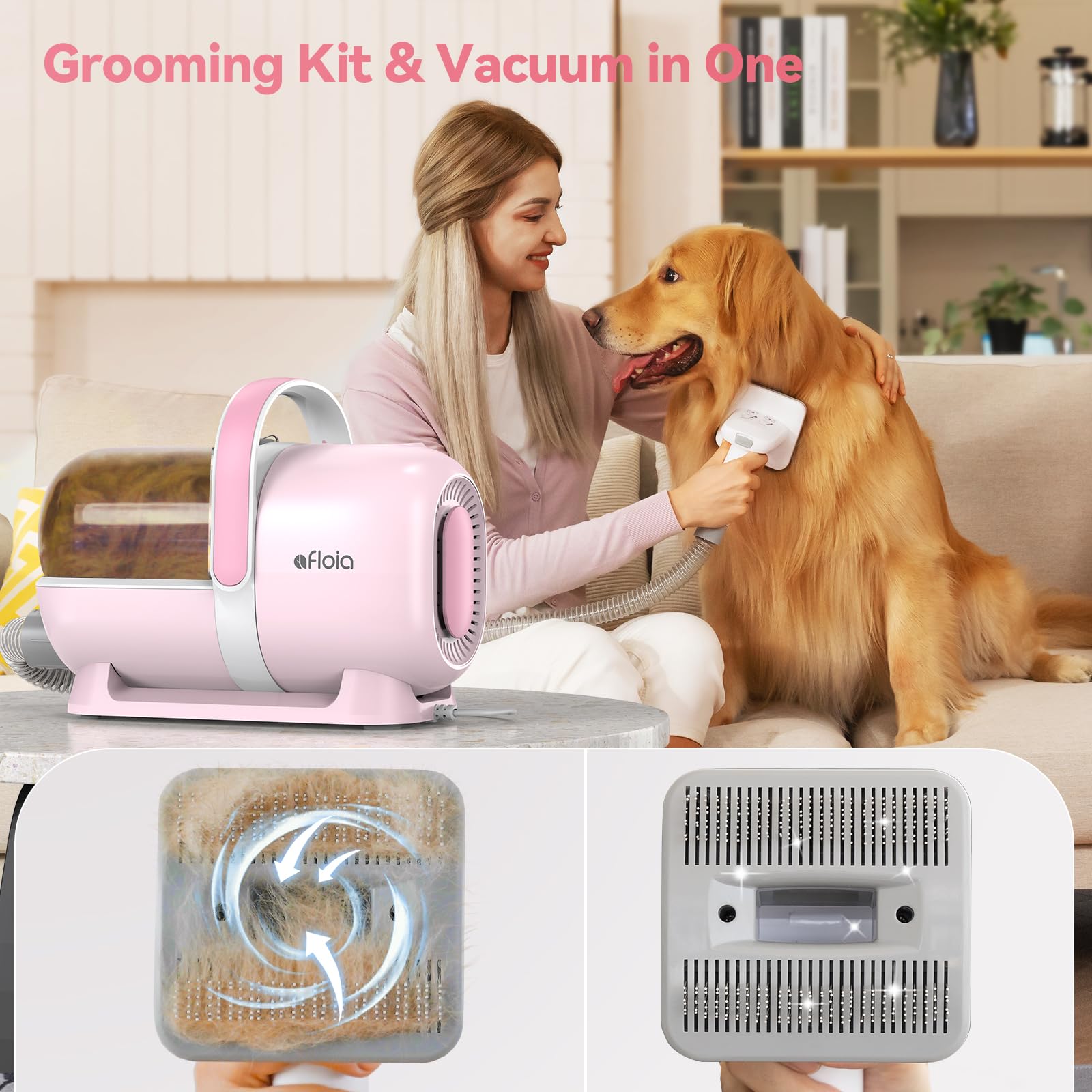 6-in-1 Dog Grooming Kit, Pet Grooming Vacuum for Shedding, Dog Hair Vacuum with Clipper Nail Trimmer Grinder, Pet Brush Groomer at Home, Low Noise Cats Hair Remover, 1.5L Dust Cup, Pink