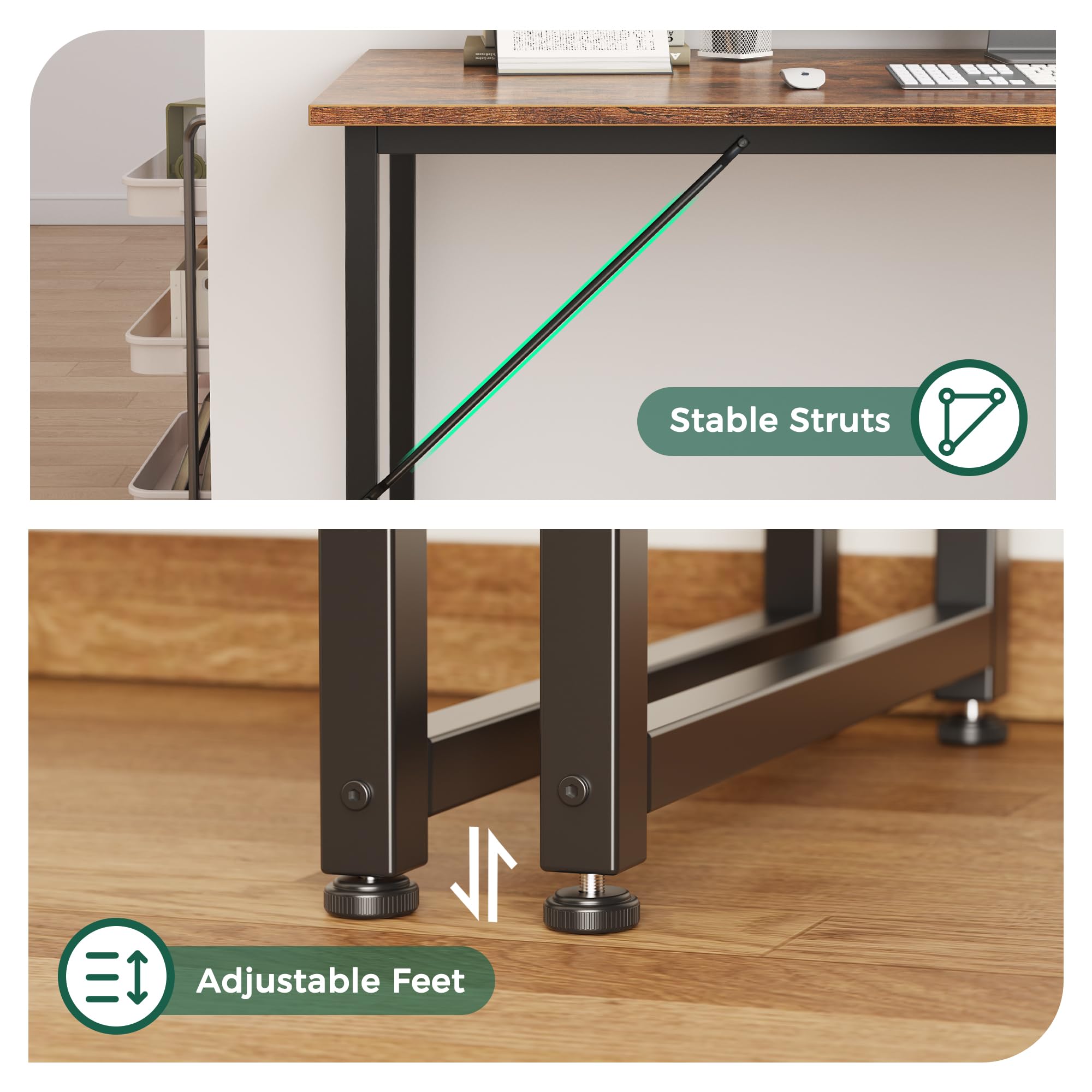 Computer Desk, 48 Inch Office Desk, Gaming Desk with Storage, Writing Desk Work Desk for Home Office, Study, Modern Simple Desk, Large Legroom, Metal Frame, Rustic Brown