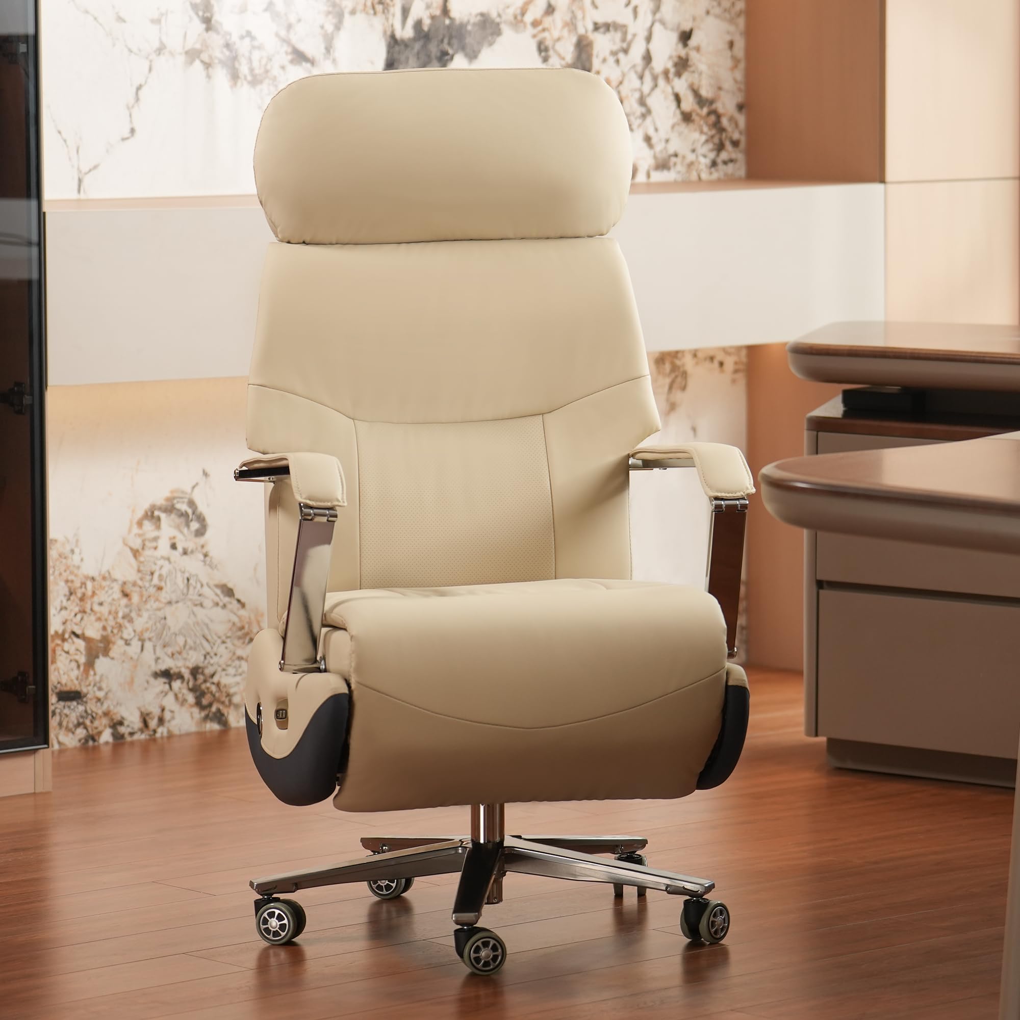 Ergonomic Power Recliner Chair for Long Hours, Leather Electric Luxury Office & Home Desk Chair with Back Heating and Ventilation, 3-Speed Cooling, 400Lbs Capacity (Light Coffee)