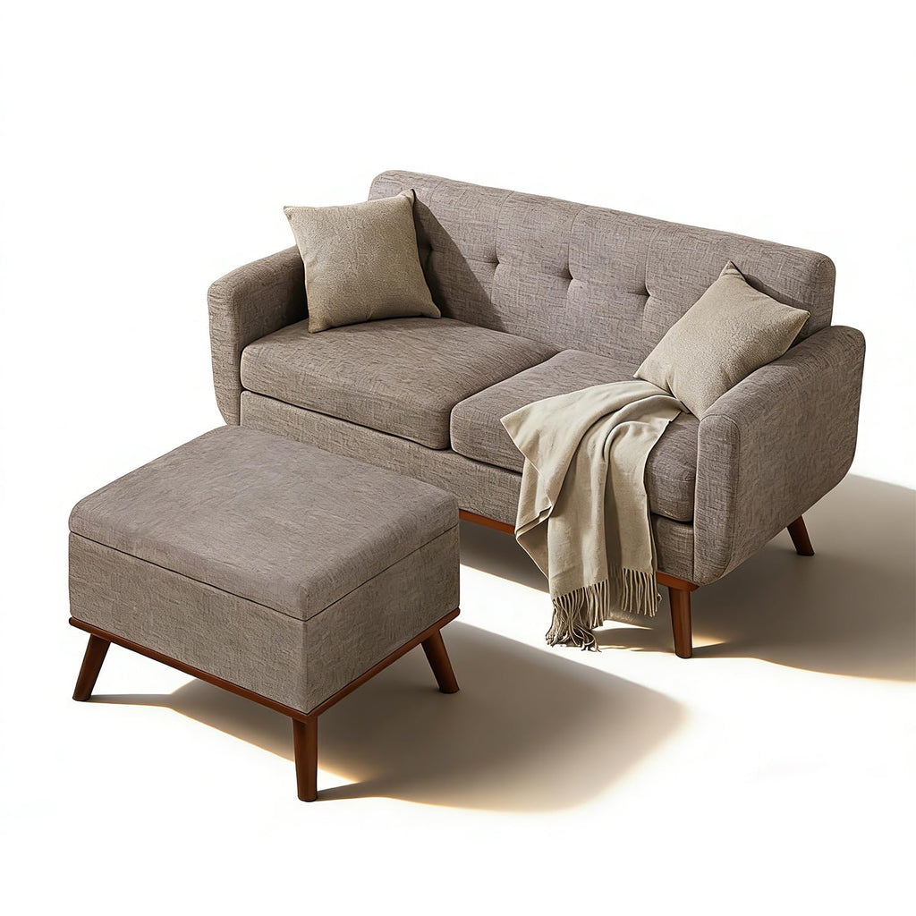 65" W Loveseat Sofa with Ottoman Coffee Table, Mid Century Modern Decor Love Seat Couches and Ottoman with Storage for Living Room, Button Tufted Upholstered Love Seats Furniture Set, Grey